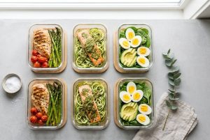 Minimalist low-carb meal prep layout with clean, modern styling