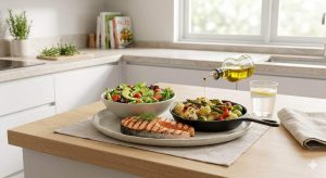 Contemporary kitchen scene with balanced low-carb meal, grilled salmon, avocado salad, roasted vegetables, olive oil drizzle.