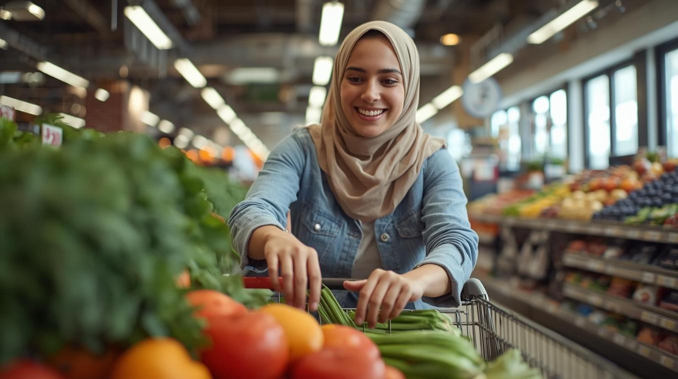 Healthy shopper selecting fresh groceries while smiling inside bright neighborhood supermarket aisle.