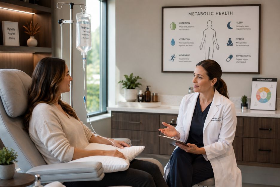 Modern wellness clinic interior with IV hydration setup