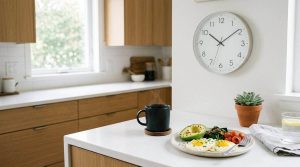 Minimalist kitchen scene showing a clock, healthy low-carb meal, and black coffee, symbolizing intermittent fasting