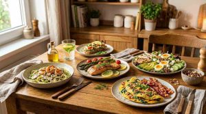 plated low-carb foods on a stunning wooden kitchen table