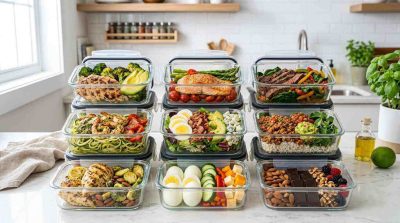Organized low-carb meal prep containers filled with grilled proteins, fresh vegetables, avocados, eggs, and healthy snacks on a modern kitchen countertop