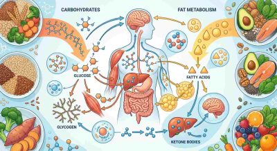Scientific nutrition illustration showing carbohydrates, glucose, glycogen, fat metabolism, and ketone bodies in a simplified human metabolic pathway.